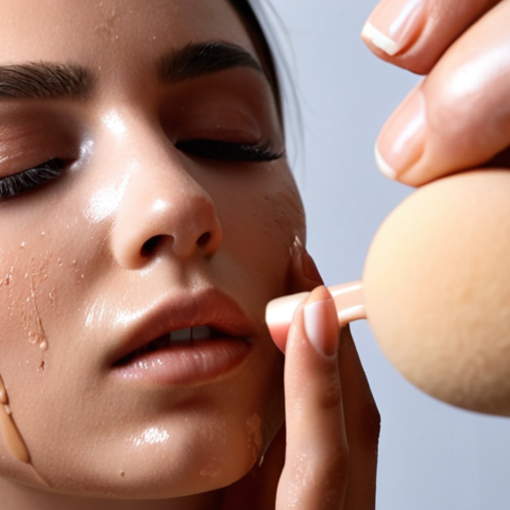 **
Close-up of a makeup artist's hands meticulously applying foundation to a model's face with a damp beauty sponge. Focus on the smooth, even application, highlighting the "flawless base" concept. Soft, diffused lighting.
**
