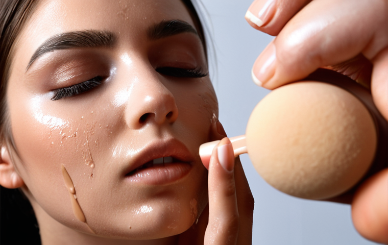 **

Close-up of a makeup artist's hands meticulously applying foundation to a model's face with a damp beauty sponge. Focus on the smooth, even application, highlighting the "flawless base" concept. Soft, diffused lighting.

**