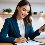 메이크업아티스트 프리랜서 계약 팁 - **Prompt:** A confident and elegant female freelance makeup artist, in her mid-30s, with a warm, inv...