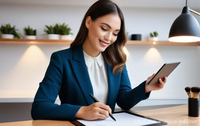 메이크업아티스트 프리랜서 계약 팁 - **Prompt:** A confident and elegant female freelance makeup artist, in her mid-30s, with a warm, inv...