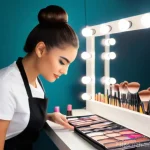 메이크업 자격증 실기 준비 방법 - **Prompt:** A young, aspiring female makeup artist with a neat bun and a clean, professional apron i...