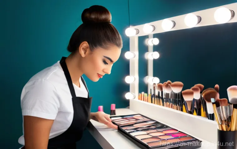 메이크업 자격증 실기 준비 방법 - **Prompt:** A young, aspiring female makeup artist with a neat bun and a clean, professional apron i...