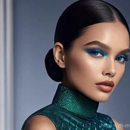 메이크업아티스트를 위한 해외 연수 과정 - A sophisticated female model, elegantly posed in a high-fashion setting. Her makeup is a masterpiece...