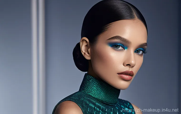 메이크업아티스트를 위한 해외 연수 과정 - A sophisticated female model, elegantly posed in a high-fashion setting. Her makeup is a masterpiece...